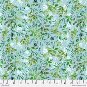 May include: A fabric with a repeating pattern of green leaves and white flowers on a light blue background. The leaves vary in shape and shade, creating a natural, botanical design. The fabric is suitable for various craft projects.