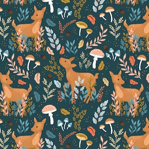 May include: A teal blue background with a repeating pattern of brown deer, mushrooms, and stylized foliage in shades of blue, green, yellow, and pink.