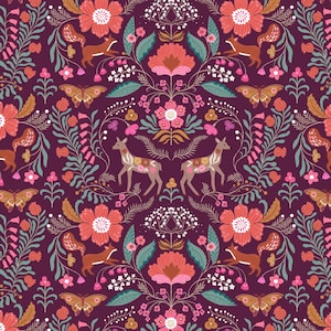 May include: A seamless pattern featuring a repeating design of stylized deer, foxes, butterflies, and flowers in shades of pink, red, orange, brown, and green on a deep purple background.