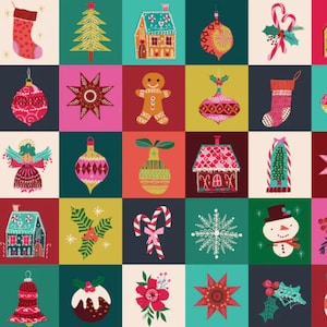 Puede incluir: Un colorido patrón navideño con iconos festivos. El diseño incluye casas de jengibre, adornos, calcetines, bastones de caramelo, copos de nieve y un muñeco de nieve, todo sobre un fondo de cuadrados vibrantes en rojo, verde, rosa y dorado.