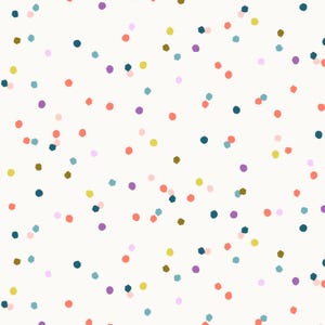 May include: Off-white background with a scattered pattern of colorful confetti. The confetti includes various shapes, such as circles and hexagons, in shades of red, purple, yellow, blue, and green.
