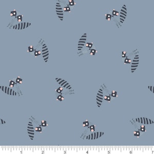 May include: A repeating pattern of stylized raccoons on a blue background. Each raccoon has a black mask, pink ears, and is paired with a striped tail. The design is suitable for fabric or wallpaper.