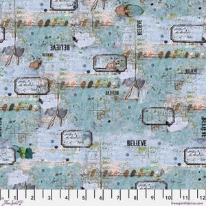 May include: A light blue and teal fabric with a distressed brick pattern, featuring repeating rectangular frames, the word BELIEVE in black text, script handwriting, and small dark dots. A white ruler at the bottom shows 12 inches of length.