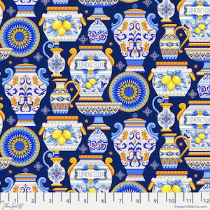 May include: A seamless pattern featuring blue and white ceramic jars with yellow lemons and the text "Limoncello" on a dark blue background. The jars are decorated with intricate floral designs and gold accents.