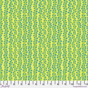 May include: A yellow fabric with a repeating pattern of green and blue dots arranged in vertical lines. The fabric has a subtle wavy texture.