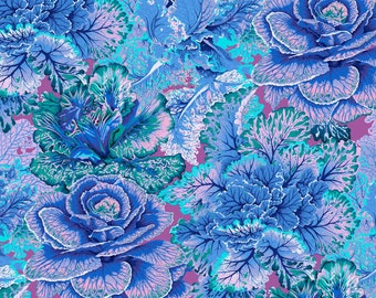 May include: A seamless pattern featuring a repeating design of blue and green cabbage leaves on a pink background.
