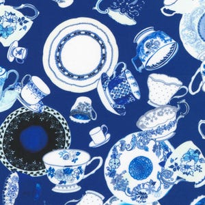May include: A blue and white patterned fabric with a repeating design of teacups, saucers, and teapots. The fabric is perfect for quilting, crafts, and home decor.