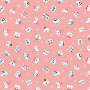 May include: A pink fabric with a repeating pattern of white cat faces wearing different accessories, including glasses, bows, and mustaches.