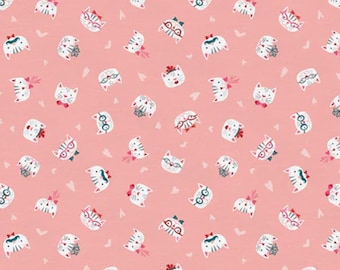 May include: A pink fabric with a repeating pattern of white cat faces wearing different accessories, including glasses, bows, and mustaches.