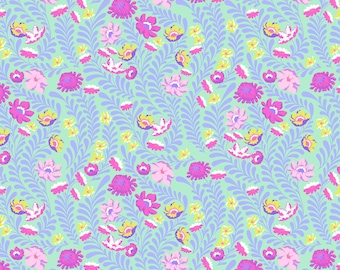 May include: A seamless fabric pattern with a light blue background featuring a repeating design of pink, purple, and yellow flowers with green leaves.