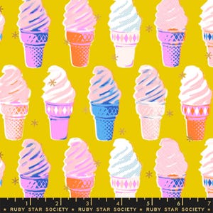 May include: A repeating pattern of colorful ice cream cones on a yellow background. The ice cream swirls are pink and white, with blue, orange, and pink cones. The text "RUBY STAR SOCIETY" is at the bottom.