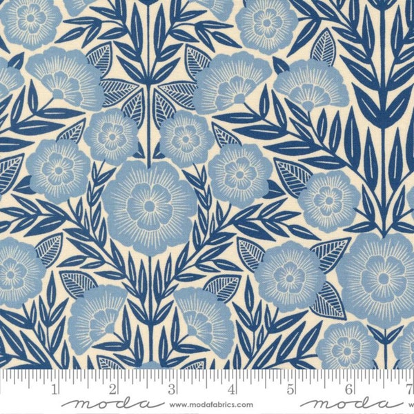 Main Floral Ecru Indigo - Flower Press - Katharine Watson - Moda - Quilters Cotton - 3300-11