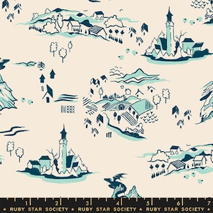 May include: Cream-colored fabric with a repeating pattern of teal-colored illustrations. The design features stylized landscapes with houses, trees, mountains, and a dragon. The bottom edge has a ruler with the text "RUBY STAR SOCIETY".
