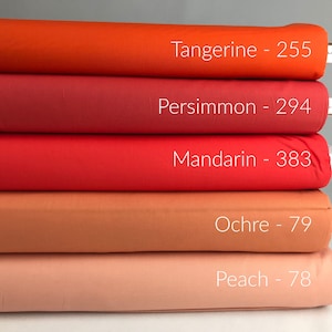 May include: Five fabric swatches in shades of orange, red, and peach. The swatches are labelled with the names and numbers: Tangerine - 255, Persimmon - 294, Mandarin - 383, Ochre - 79, and Peach - 78.