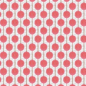 May include: A seamless pattern of pink and gold hanging ornaments. The ornaments are round and have a textured surface. The background is white.
