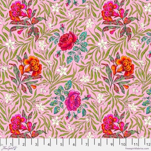May include: A pink fabric with a repeating pattern of red, orange, and white flowers. The flowers are surrounded by green leaves. The fabric has a vintage aesthetic.
