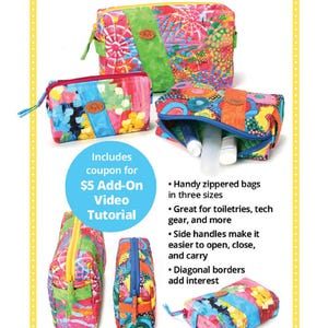 May include: Ditty Bags 2.0 sewing pattern featuring colorful fabric bags with diagonal borders and side handles. The pattern includes a $5 add-on video tutorial.