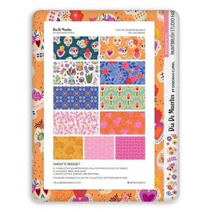 May include: A fabric bundle featuring 12 different prints inspired by the Dia De Muertos holiday. The prints feature colorful skulls, flowers, and geometric patterns. The bundle is exclusive to Paintbrush Studio Fab.