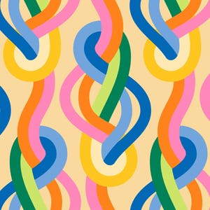 Puede incluir: Patrón repetitivo de formas coloridas e entrelazadas. El diseño presenta formas en bucle, similares a cintas, en tonos de azul, verde, naranja, rosa y amarillo sobre un fondo beige claro. El diseño abstracto es vibrante y llamativo.