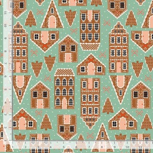 May include: A repeating pattern of gingerbread houses and trees in shades of brown, white, and peach on a light teal background. The houses vary in size and shape, with intricate details and white frosting accents. Small white dots are scattered throughout the design.