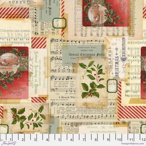 Peut inclure: Un collage numérique composé de partitions de musique de Noël vintage, de papier rayé rouge et blanc et d'une carte de Noël rouge avec du houx et une scène d'hiver. Le texte sur la carte est "Christmas Greetings".
