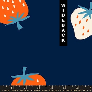 May include: Navy blue fabric with a repeating pattern of stylized strawberries in orange and cream. The strawberries have blue stems and seeds. The text "WIDEBACK" is printed vertically in white on a black rectangle.