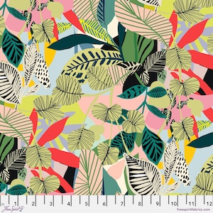 May include: A colourful fabric design showcasing tropical leaves in green, pink, red, and yellow. The leaves vary in size and shape, with some having striped or dotted patterns. The design includes a ruler with inch measurements.