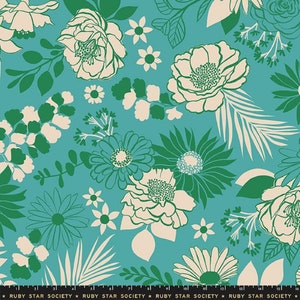 May include: A teal blue fabric with a white and green floral pattern. The pattern features large and small flowers, leaves, and stems.
