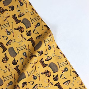 Everything but the Horse Mustard - Horse Fabric Fox Hunting Equestrian - Hunter Jumper Show Jumping Tack - 100% Quilters Cotton