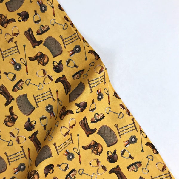 Everything but the Horse Mustard - Horse Fabric Fox Hunting Equestrian - Hunter Jumper Show Jumping Tack - 100% Quilters Cotton