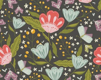 May include: A floral fabric pattern featuring stylized flowers, butterflies, and foliage in shades of red, pink, blue, green, and yellow on a dark gray background. The design includes various sizes of flowers, butterflies, and leaves.