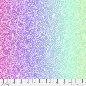 May include: A colourful fabric with a gradient from pink to purple, then to blue and finally to green. The design features white, swirling, organic shapes, creating a flowing, abstract pattern. The fabric is measured in inches.
