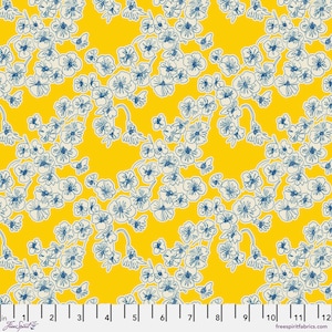 May include: A vibrant yellow fabric with a repeating floral pattern. The design features clusters of blue and off-white flowers with delicate stems. The fabric has a cheerful and summery aesthetic, suitable for various sewing projects.