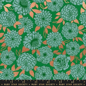 May include: A repeating pattern of stylized teal flowers and copper-colored leaves on a vibrant green background. The design features various sizes of floral elements, creating a dynamic and visually appealing textile pattern. The text "RUBY STAR SOCIETY" is at the bottom.