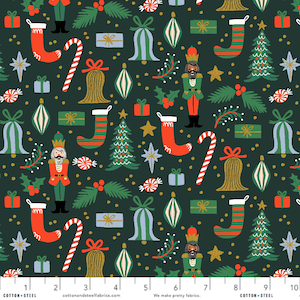 Pode incluir: Um tecido verde escuro com um padrão repetitivo de ilustrações com tema natalino. O padrão inclui bengalas de doces, enfeites, sinos, quebra-nozes, meias, árvores de Natal e estrelas. O tecido tem um fundo branco com pequenos pontos brancos.