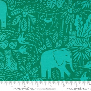 May include: Green fabric with a teal jungle pattern featuring elephants, tigers, monkeys, birds, and tropical foliage. The fabric has a ruler along the bottom edge with the Moda Fabrics logo and website address.