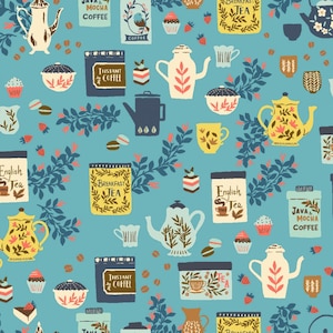 Coffee Or Tea Teacup Blue - Yuan Xu - Sunday Afternoon - RJR Fabrics - Quilters Cotton YX102-TB3