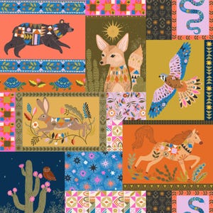 Könnte beinhalten: Ein farbenfrohes Patchwork-Design mit Tieren und geometrischen Mustern. Das Bild zeigt einen Bären, einen Fuchs, einen Falken, ein Kaninchen, ein Pferd und eine Schlange, jeweils mit dekorativen Details. Der Hintergrund hat Blumen- und Sternmuster.