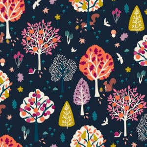 May include: A dark blue background with a repeating pattern of colorful trees, mushrooms, squirrels, and birds. The trees have pink, orange, yellow, and purple leaves. The mushrooms are white with red tops. The squirrels are brown with bushy tails. The birds are white with black wings.