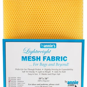 May include: A yellow mesh fabric sample with the text "byannie's Lightweight MESH FABRIC... For Bags and Beyond!" and "Perfect for See-Through Pockets Slightly Stretchy for Expandability Soft Yet Sturdy Light in Weight Adds No Bulk Easy to Sew Washer and Dryer Safe 18"x 54" 100% Polyester For ideas and patterns, please visit www.ByAnnie.com byannie.com".