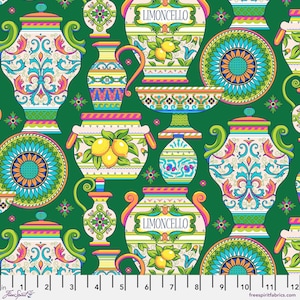 May include: A green background with a repeating pattern of colorful Italian-style ceramic jars, plates, and bowls. The jars have floral designs and the text "Limoncello" on them.
