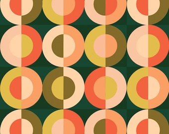 May include: A repeating pattern of overlapping circles in shades of green, yellow, orange, and pink on a dark green background.