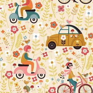May include: A colorful illustration featuring a yellow car, two pink and blue scooters, and a red bicycle with a basket. The vehicles are surrounded by a variety of flowers and plants, including white daisies, red poppies, and green ferns. The illustration is set against a light beige background.