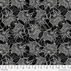 May include: A fabric with a repeating pattern of white spiderwebs on a dark gray and black background. The webs are detailed and intricate, creating a spooky, Halloween-themed design. The fabric is suitable for various craft projects.