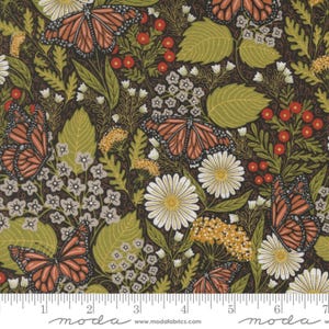 May include: A fabric pattern featuring monarch butterflies with orange and black wings, interspersed with white daisies, green leaves, and red berries, set against a dark brown background. The design includes small white flowers and yellow accents.