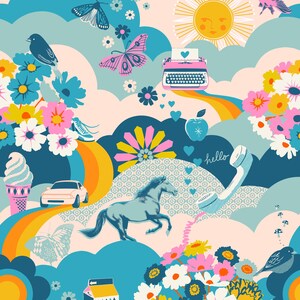 May include: A whimsical illustration featuring a pink typewriter, butterflies, flowers, a rainbow, and a running horse against a backdrop of clouds. The design includes a sun with a face, an ice cream cone, and the word "hello".