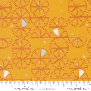 May include: Mustard yellow fabric with a repeating pattern of orange citrus fruit slices and segments outlined in orange. Some slices have a light blue interior. The fabric has a textured appearance.