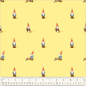 May include: Yellow fabric with a repeating pattern of garden gnomes. Each gnome wears a red hat, blue jacket, and brown pants. Some gnomes are pushing wheelbarrows with flowers. The fabric has a ruler along the bottom edge.