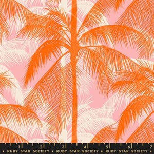 May include: A fabric print featuring a repeating pattern of bright orange palm trees layered over a soft pink background. A black ruler at the bottom shows measurements in inches, with the text Ruby Star Society printed repeatedly along the edge.