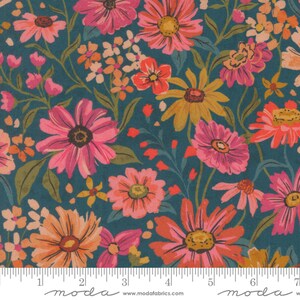May include: Teal fabric with a floral design. The flowers are in shades of pink, orange, and yellow, with green leaves and stems. A ruler is along the bottom with the word "moda".